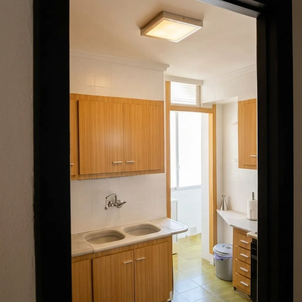 Cocina con fregadero y armarios de madera